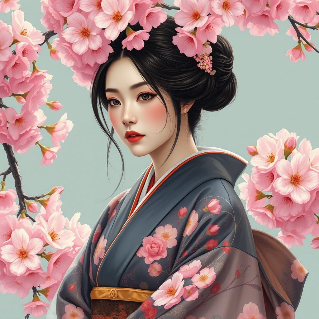 Japanese Woman in Kimono with Cherry Blossoms