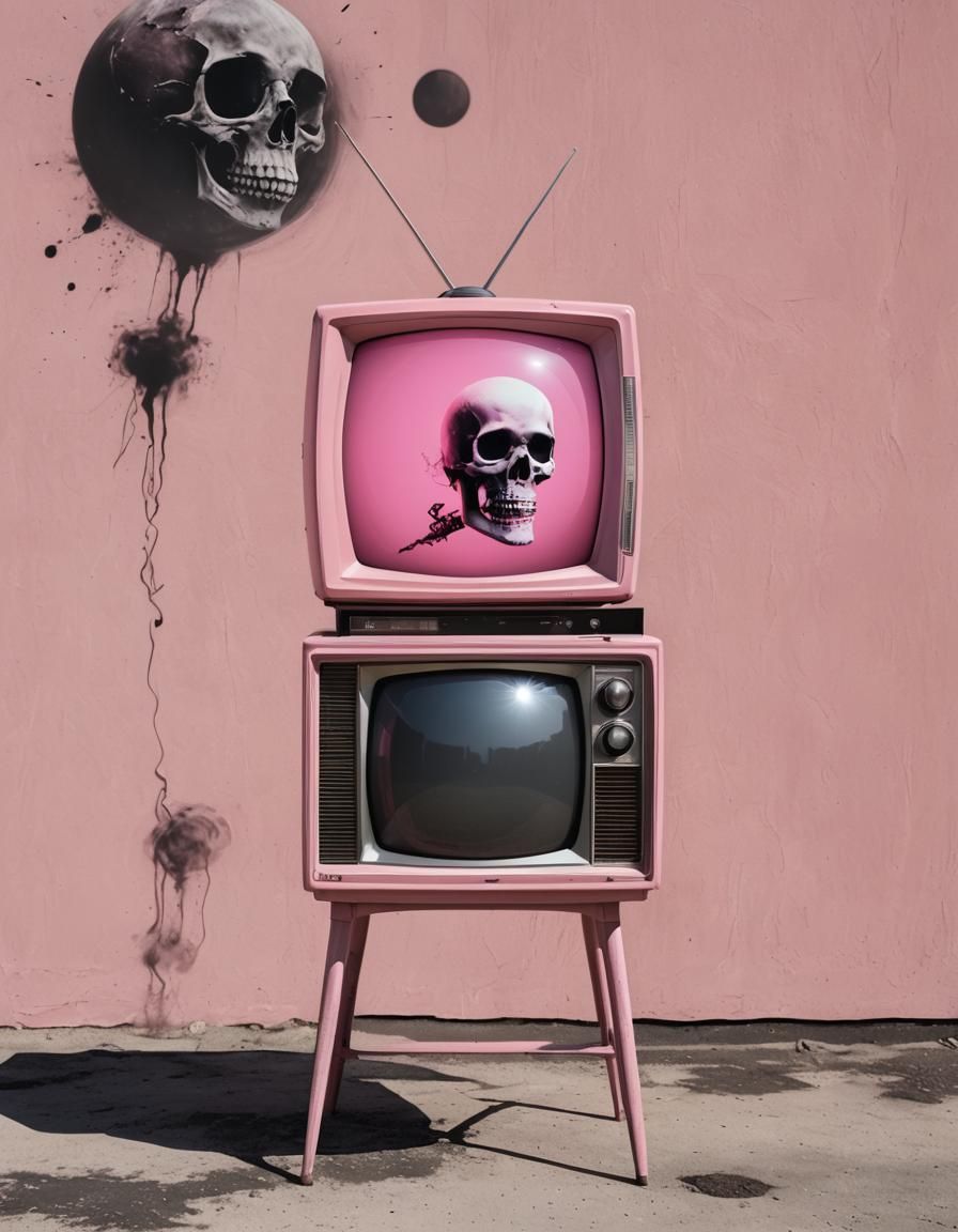 Vintage pink television with solar exlipse, smoke, skeleton,...