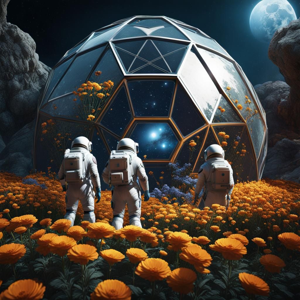 Three men in spacesuits tending to the flowers in a geodesic...