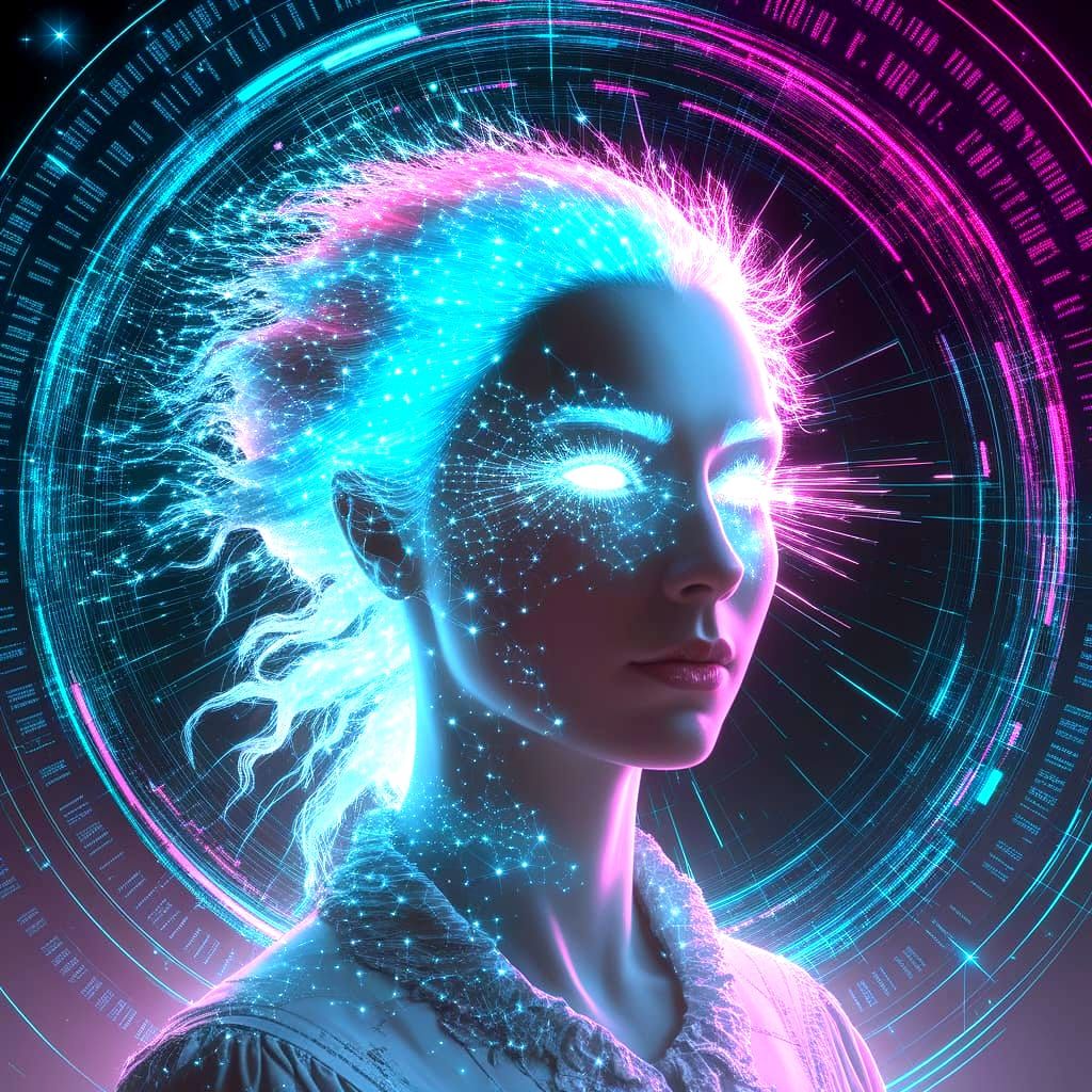  A portrait of a bioluminescent woman, her face distorted by digital glitches and chromatic aberrations. Her mane of starlight is fragmented...