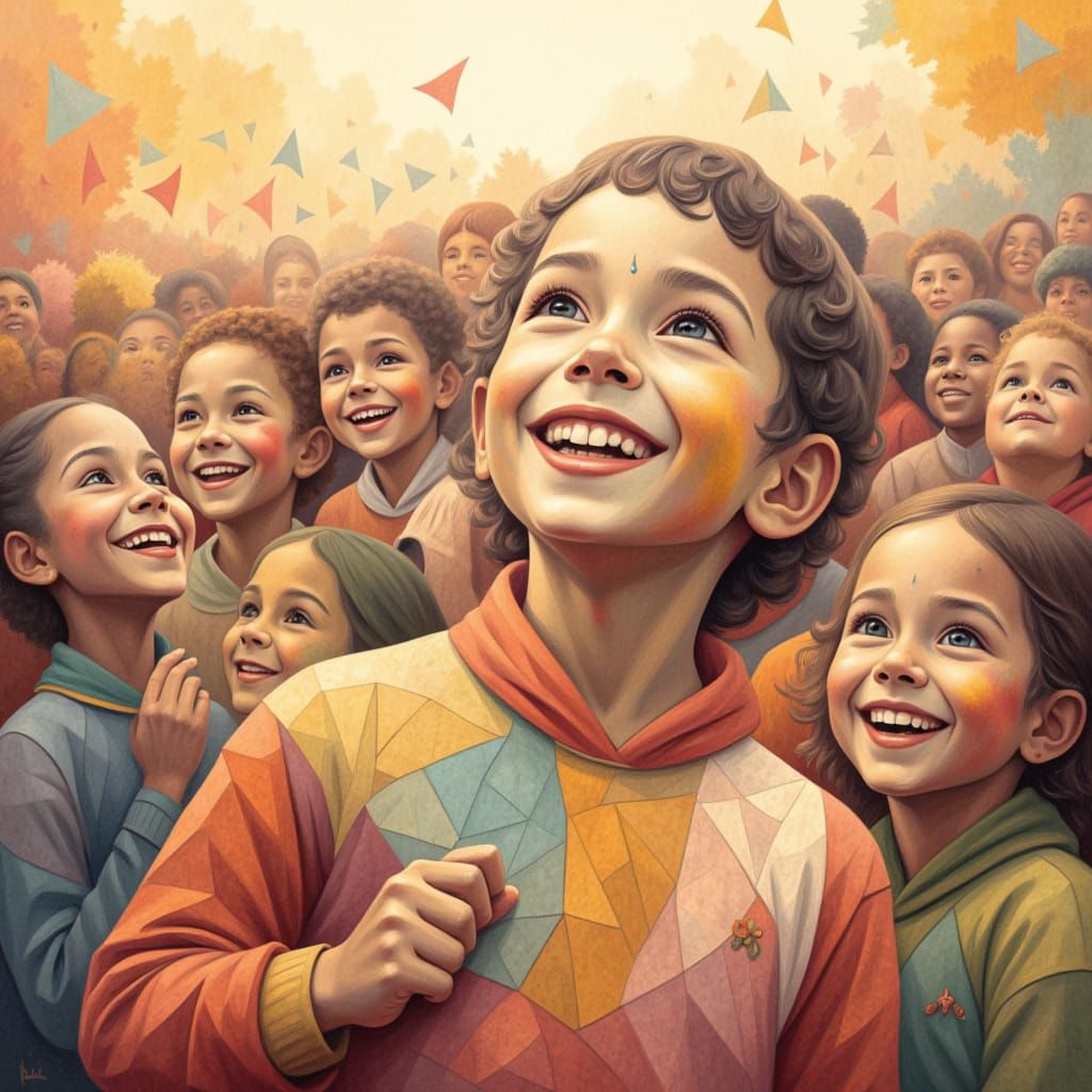group of smiling happy children, warm watercolours, delicate colours, light, surreal, detailed matte oil painting, cubism<lora:Geometrika:1....