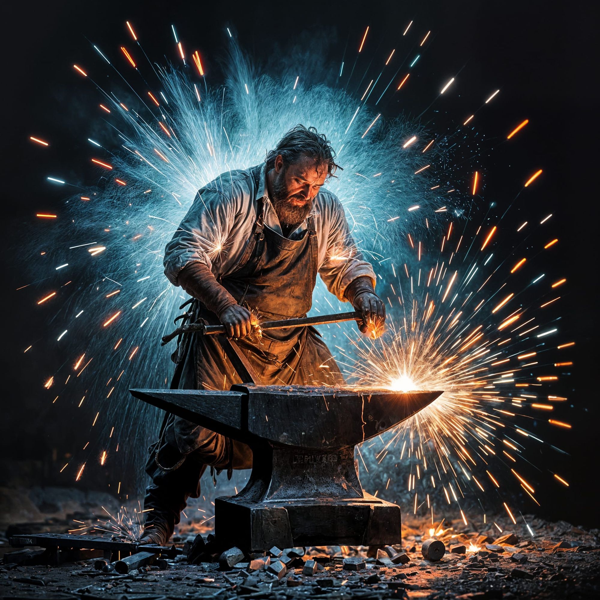 Colonial Blacksmith forging metal on a huge anvil in front of a black background with red, white and blue sparks cascading behind the man mak...