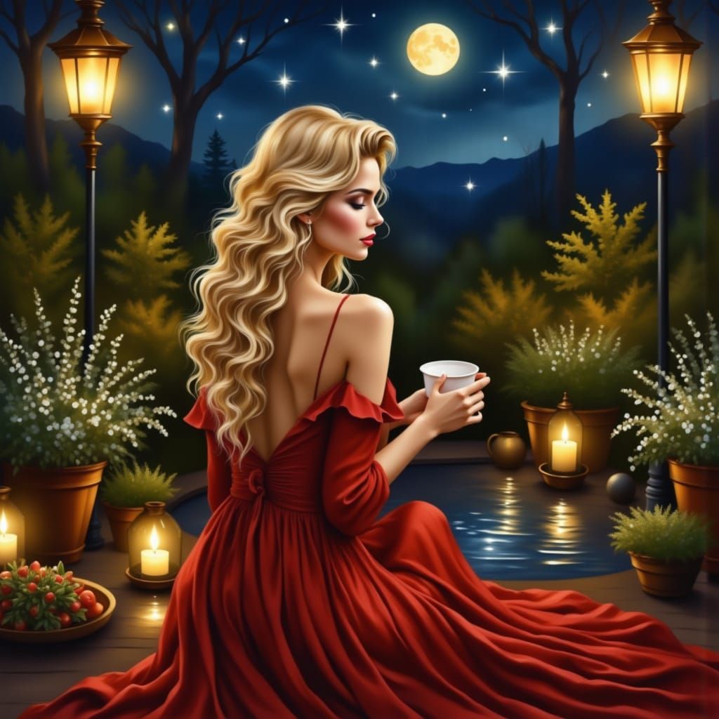 <lora:WatercolorPaintiFlux:1.0> <lora:Illuminations flux:1.0> stunning woman, blond hair, red dress very shiny in garden at night moonlight ...
