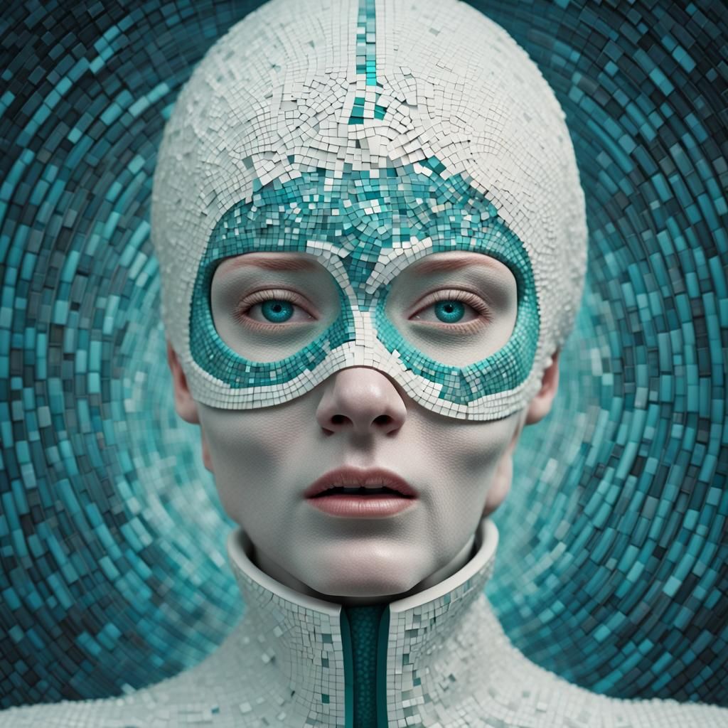 close-up photograph of a futuristic albino woman with a face...