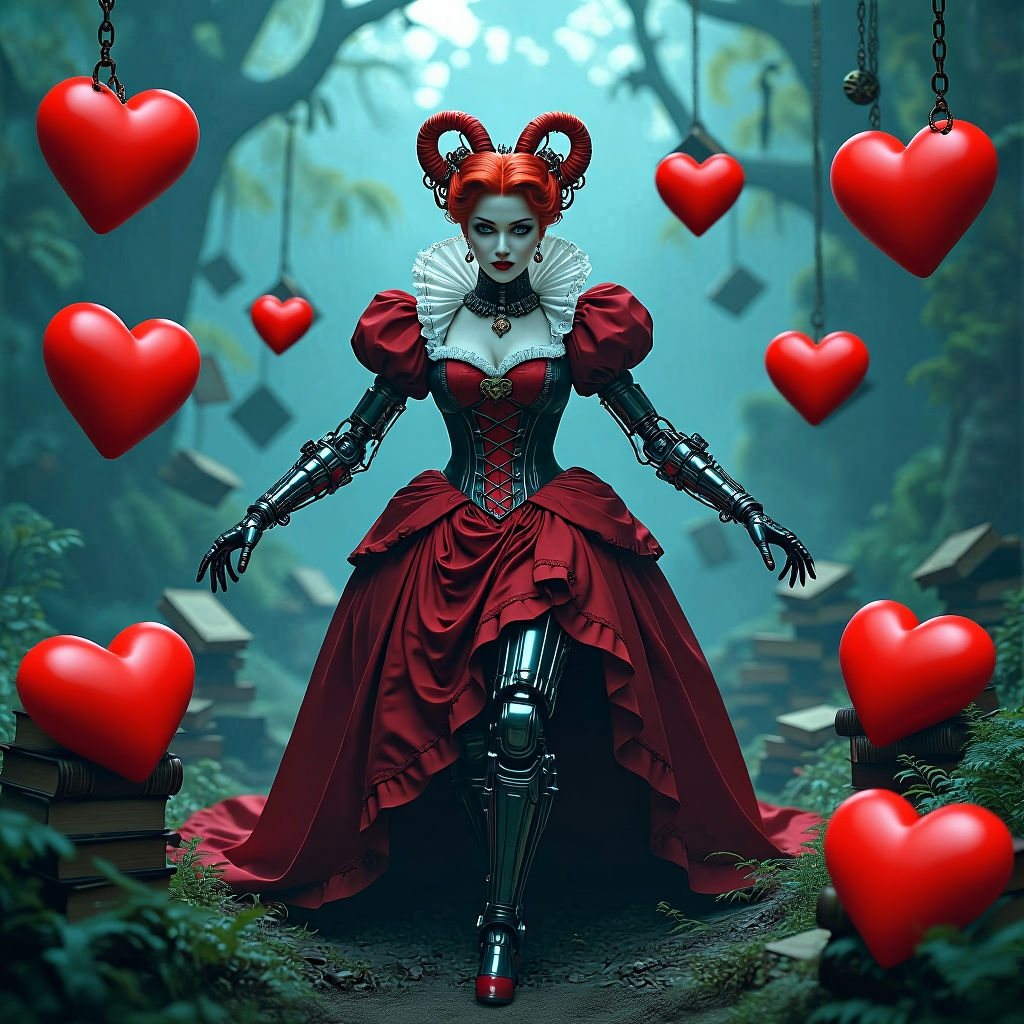 The Queen of Hearts  with biomechanical implants, its biomechanical extremities replaced by intricate circuitry, prowls throu...