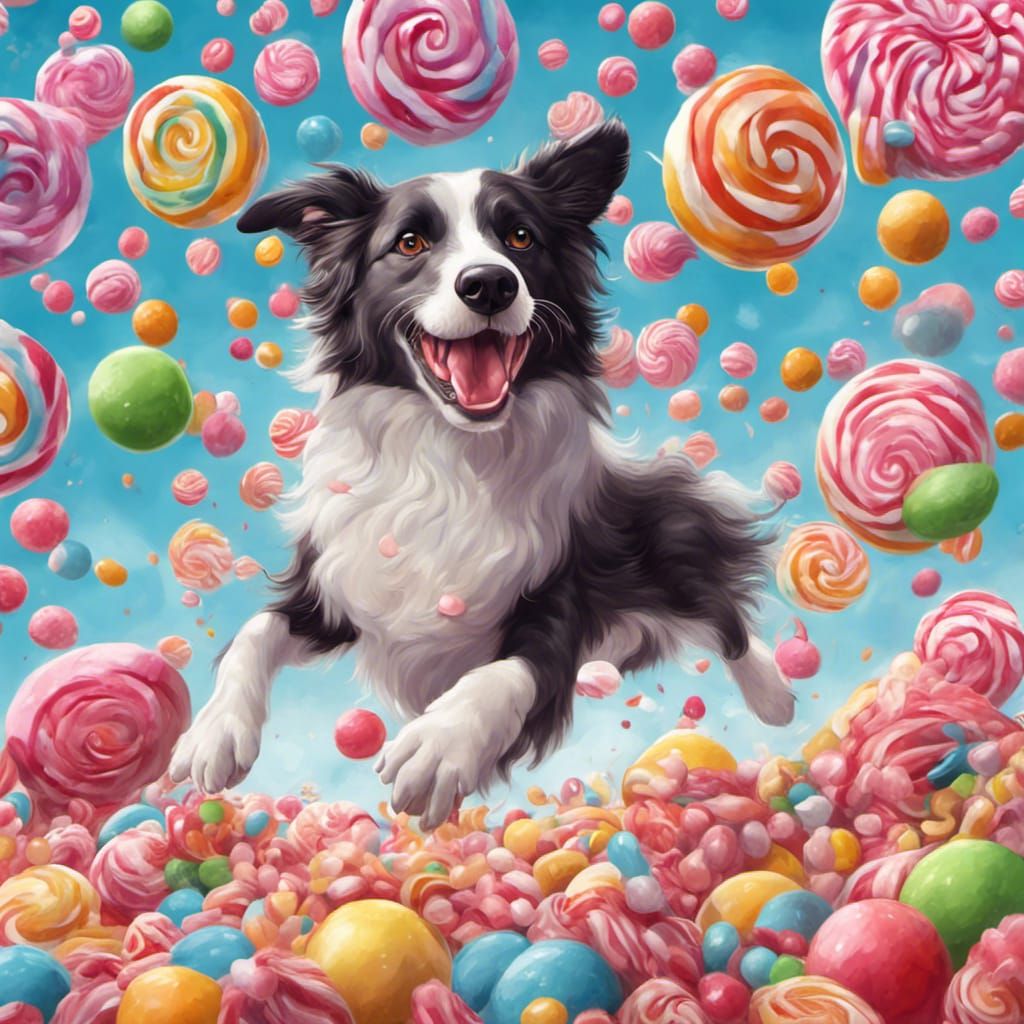 Border collie with pink nose flying with 200 flying balls