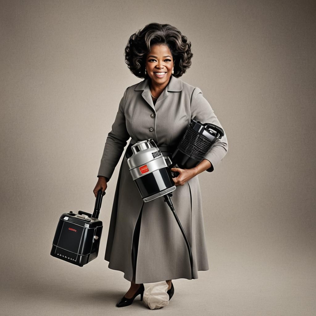 Oprah Winfrey holding an old vacuum cleaner from the 1950's.