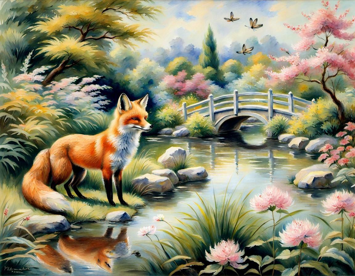 Fox Chasing Dragonflies In Japanese Garden, Pastel Watercolor, Pierre 