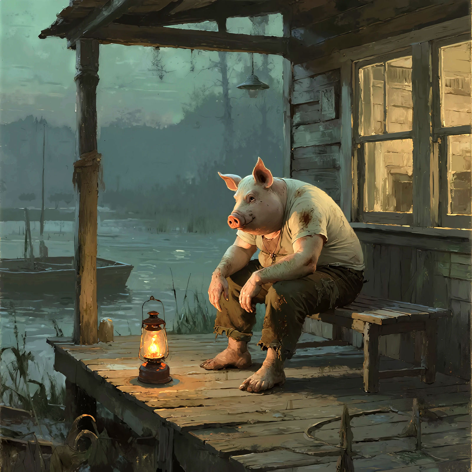 Uselyss Eustace sat on the porch of his shack, lantern gutte...