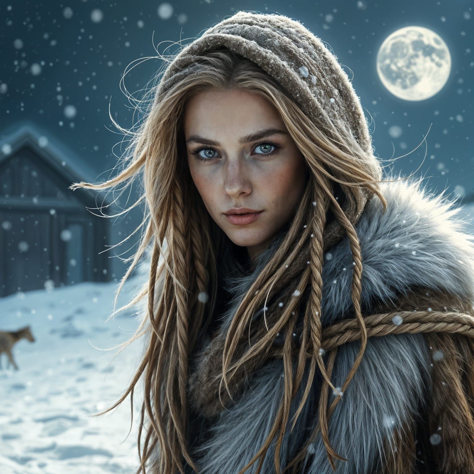 portrait of beautiful viking woman, dressed in white and brown fur, walking in the snow, glistening hazel ...  by @Eldesh