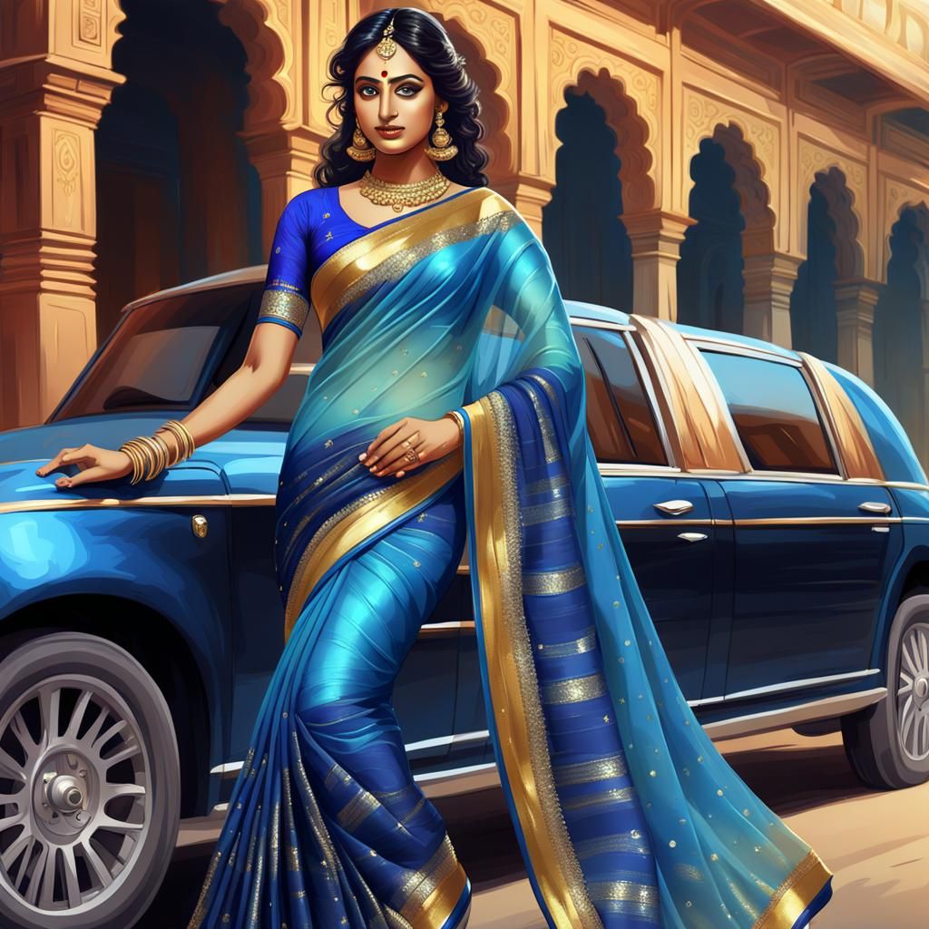 A beautiful Indian girl in shimmering blue colour saree with...