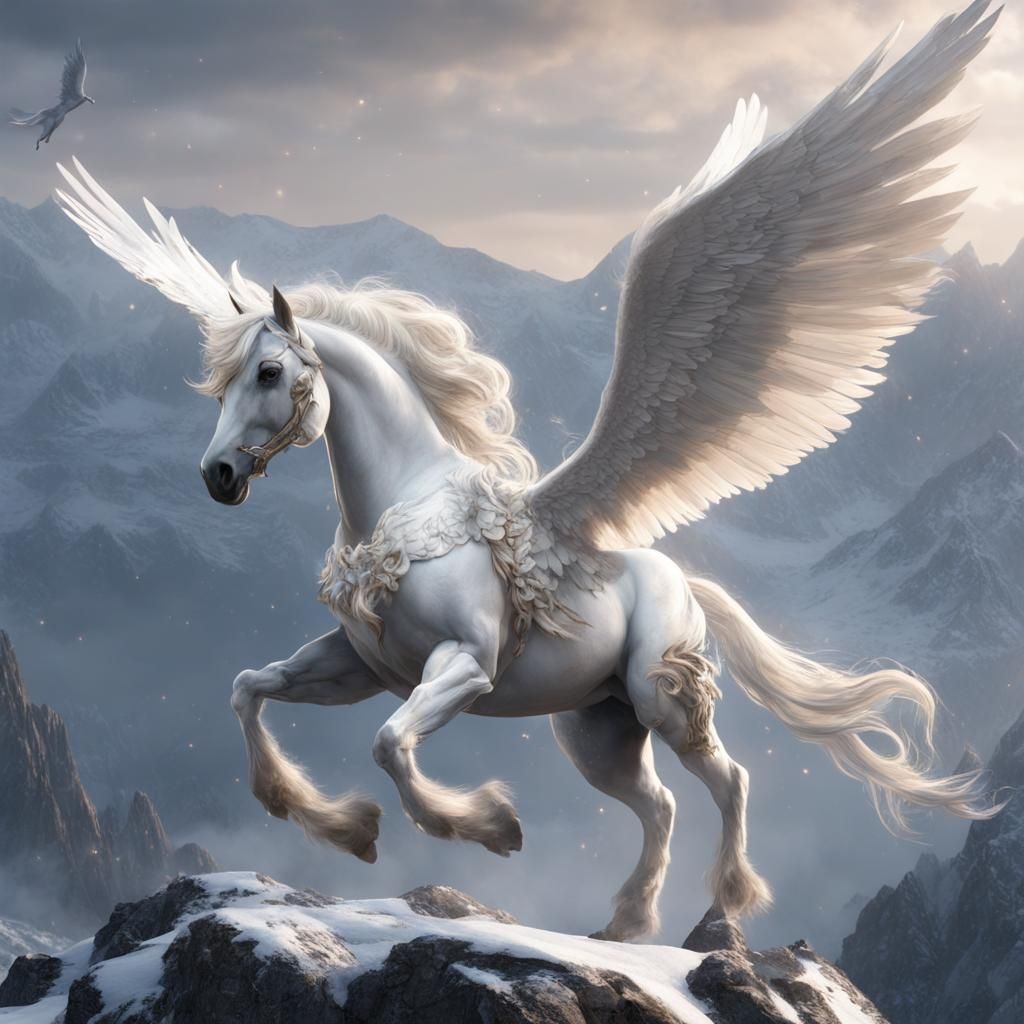 Pegasus the winged horse white as snow flying over the mount...