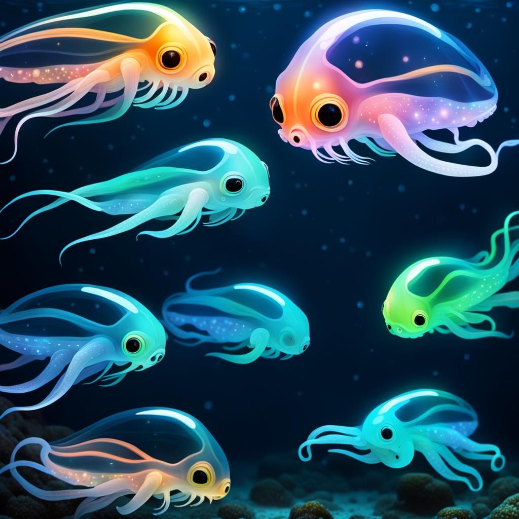 Swimming glowing transparent squids
