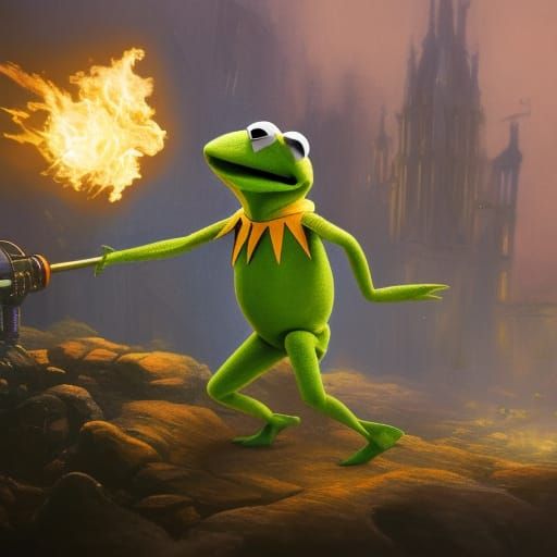 Kermit the frog with a flamethrower
