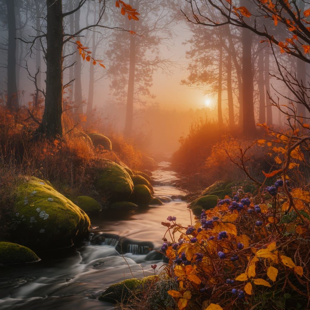 a small brook within a misty autumn forest as the sun rises over the horizon.  Underbrush, bluberry, ...  by @Dreamweb