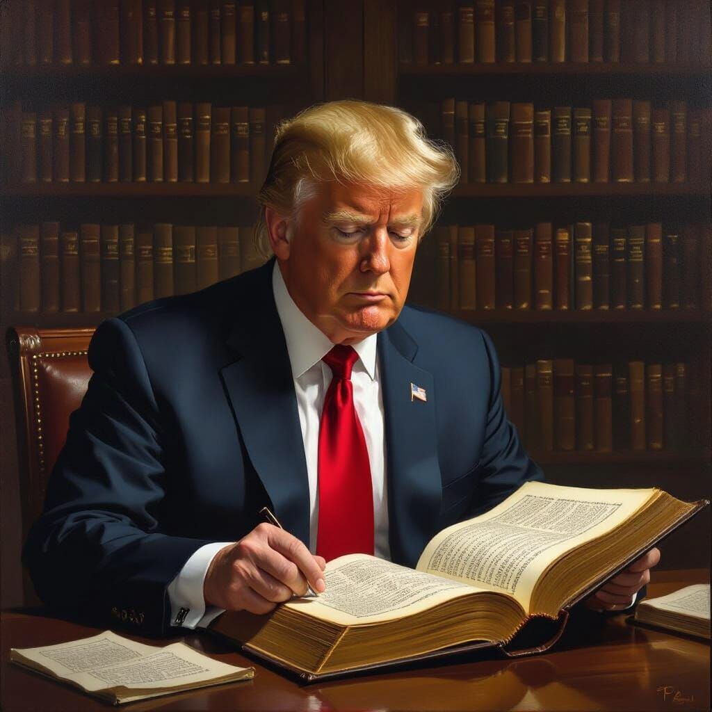 Donald Trump Studying Talmud in Realistic Oil Painting Style