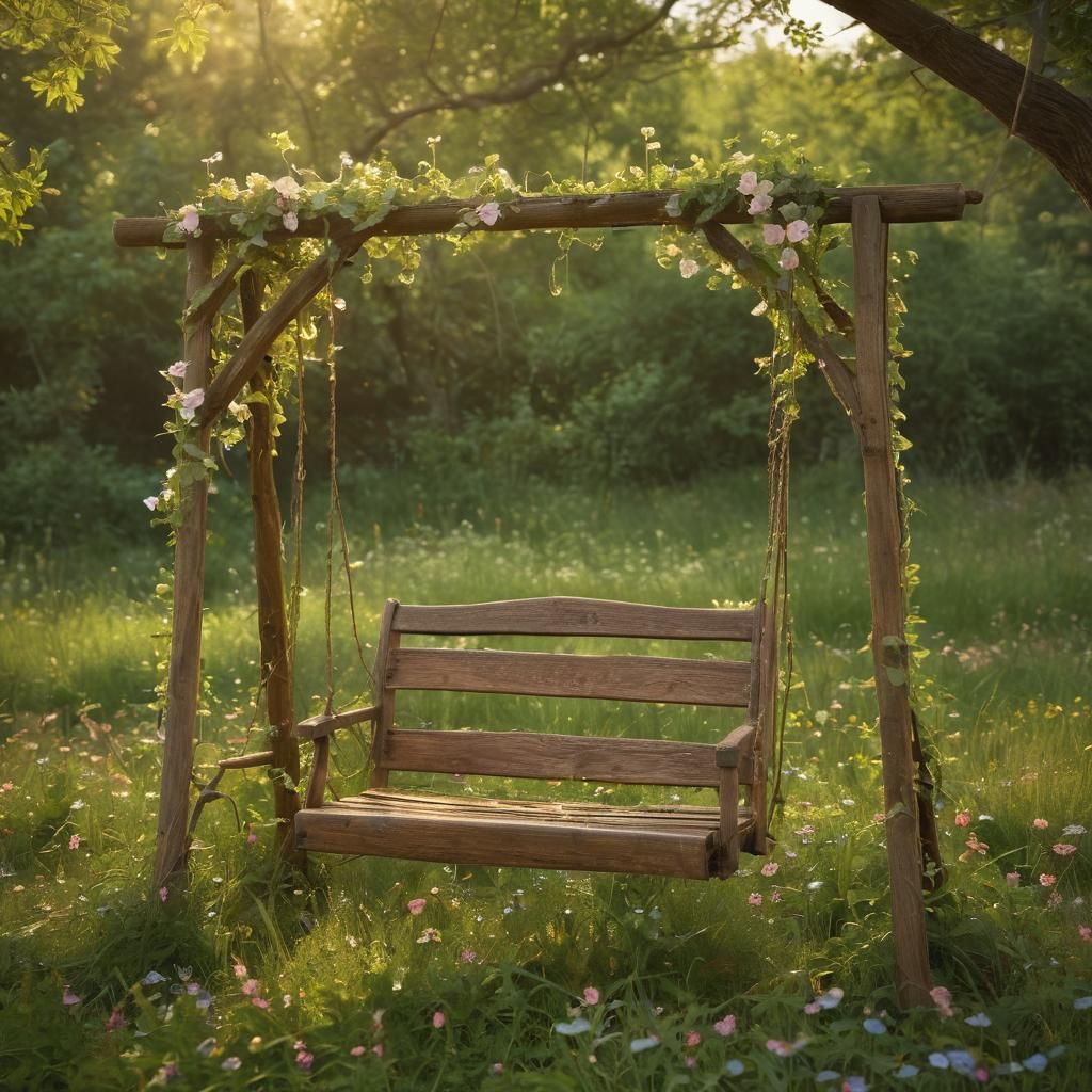 Flowering vines around a rustic wooden swing