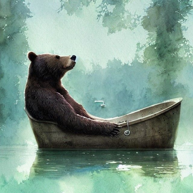 "A Bear in a Bathtub" green nature water lake blue beautiful lush digital illustration watercolor colorful detailed sini...