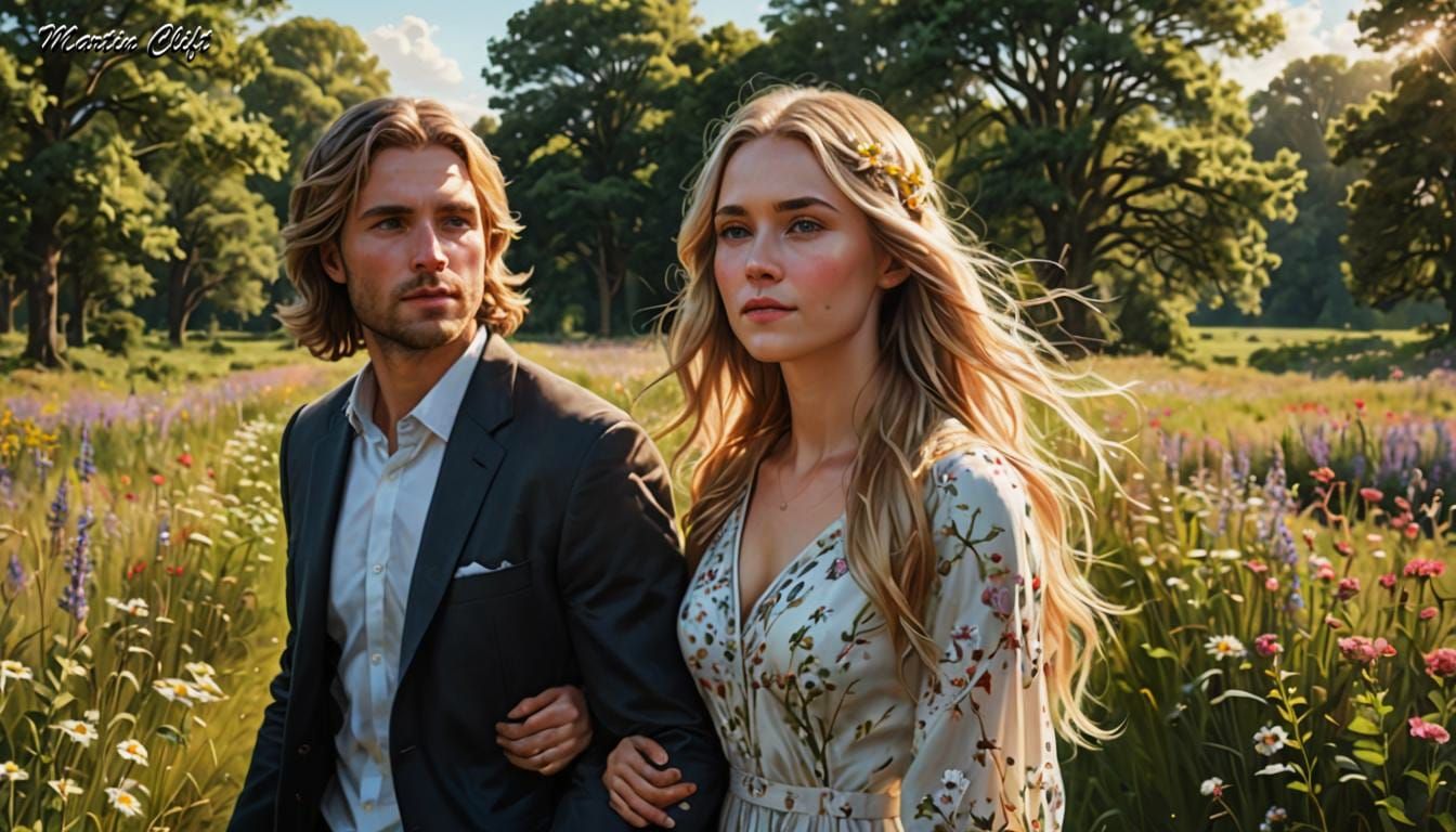 Loving Couple Walking Through The Trees & Flowers