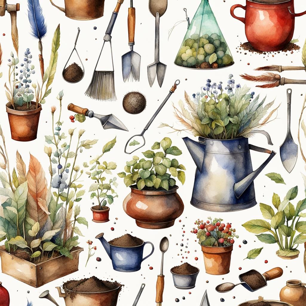 knolling of the ingredients and tools of a wizard gardener