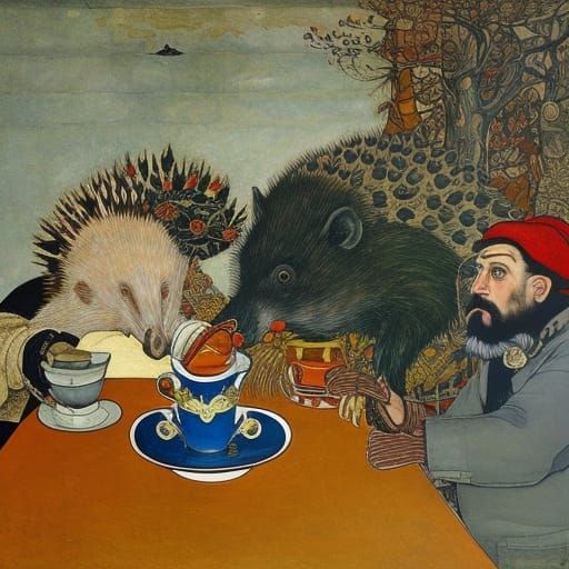 Giant hedgehog drinking tea with the huge and beautiful ghos...