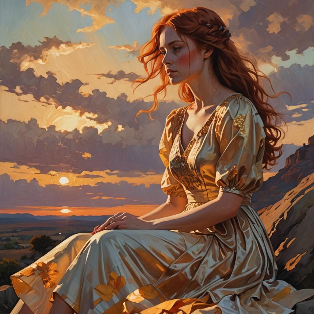 a girl sitting in the sunset with aburn hair and a dress on