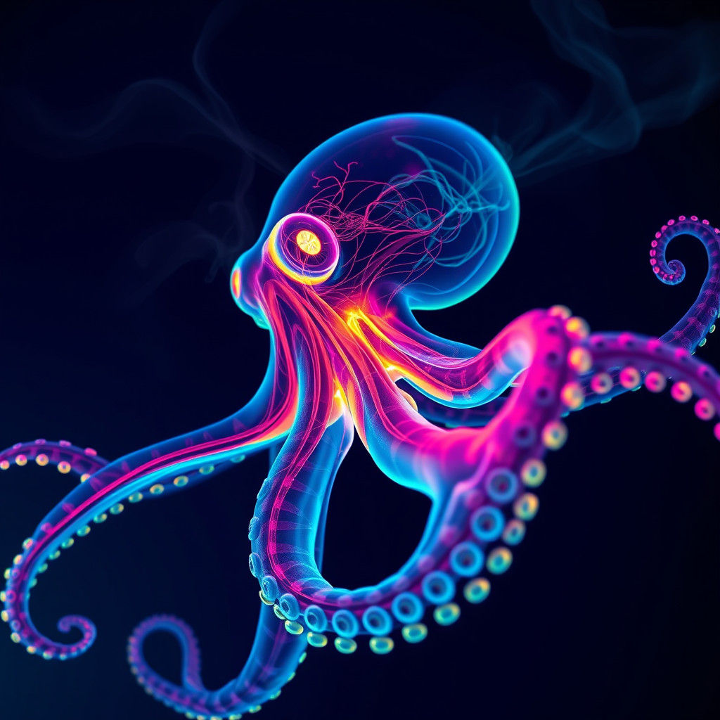 Chemiluminescent Octopus Swimming Under Neon Sky
