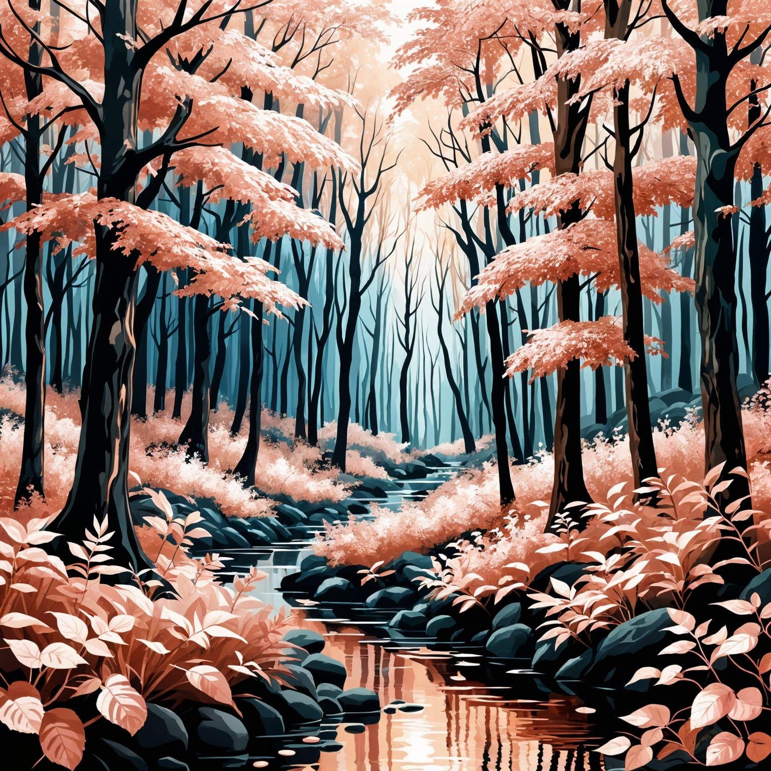 shining rose gold forest scene