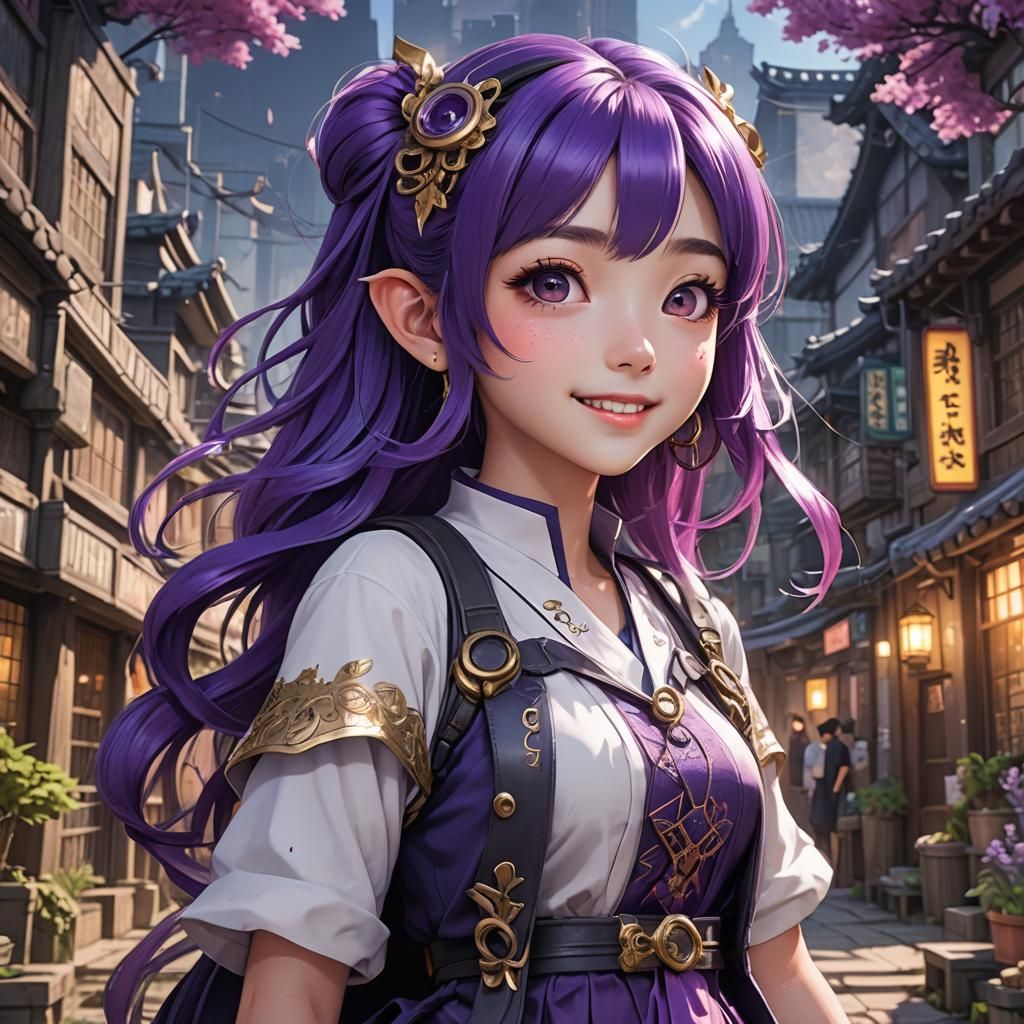 Korean anime style,nime girl with purple hair, big eyes and ...