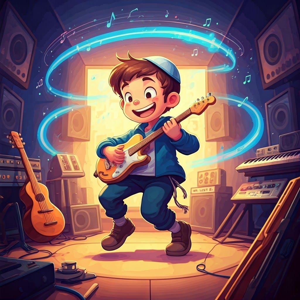 Joyful Boy Rocks Out in Whimsical Recording Studio