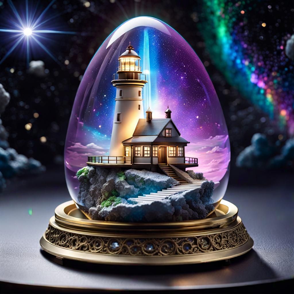 Crystal egg with a space lighthouse inside.