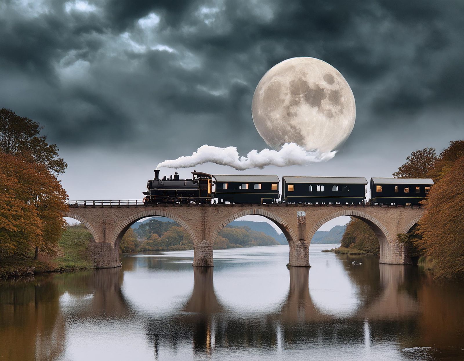 Steam train on a bridge