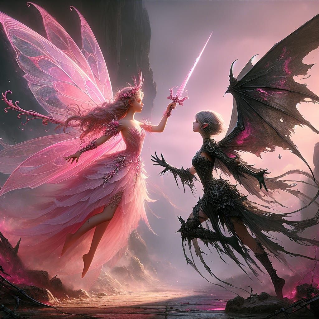 Beautiful pink fairy with delicate pink fairy wings in pink ...
