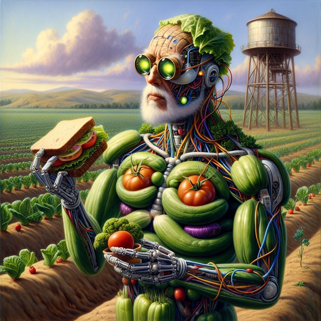Bio-engineered Vegetable Man Inspects His BLT Sandwich Crops