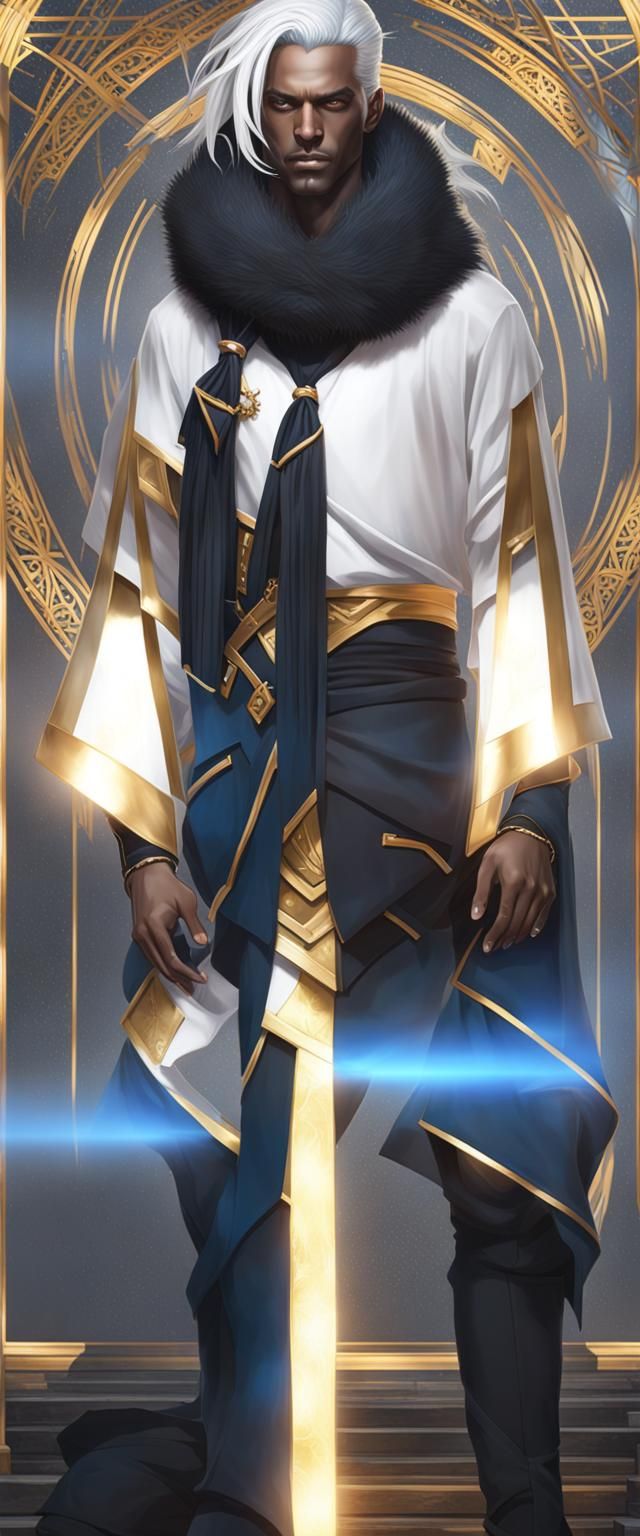A slender male with blue skin, white long hair is tied into ...