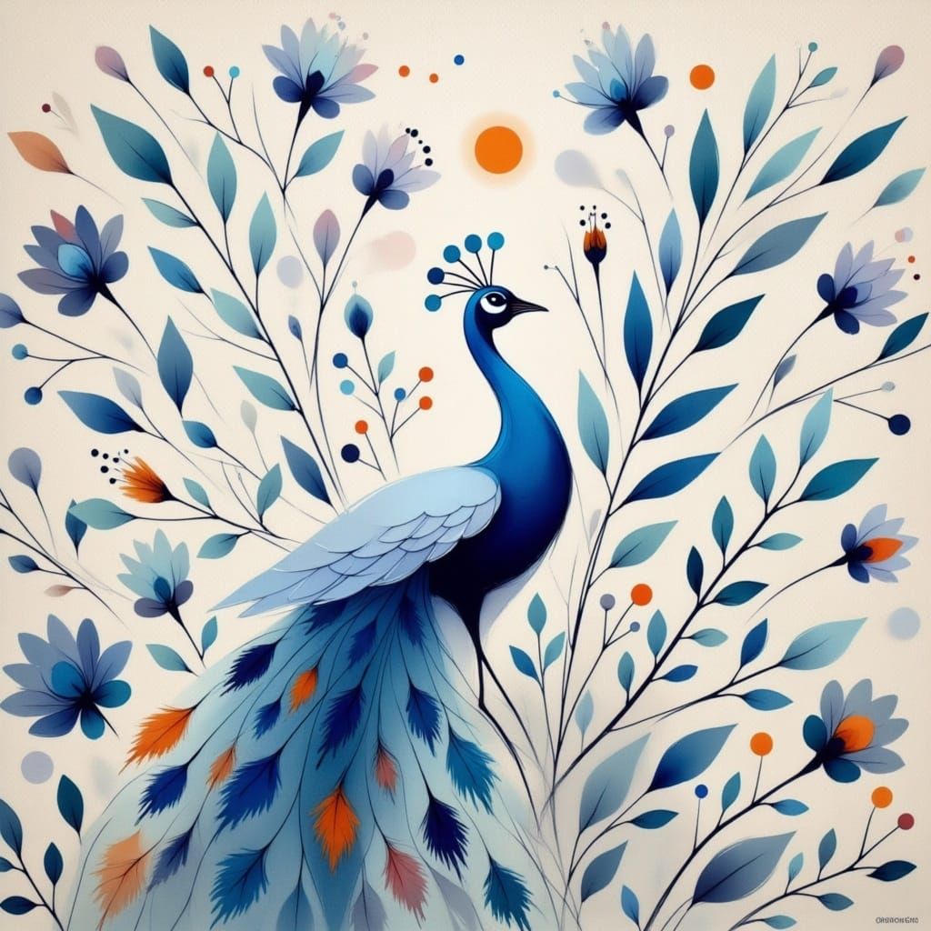 Whimsical white and blue peacock in full display, Kay Nielson, Anna Silivonchik, Android Jones <lora:Earth and water:1.0> 