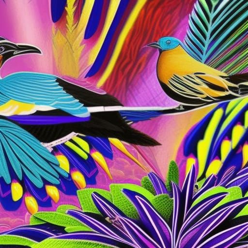 Bird collage, Vibrant birds, psychedelic colors, jungle, flo...