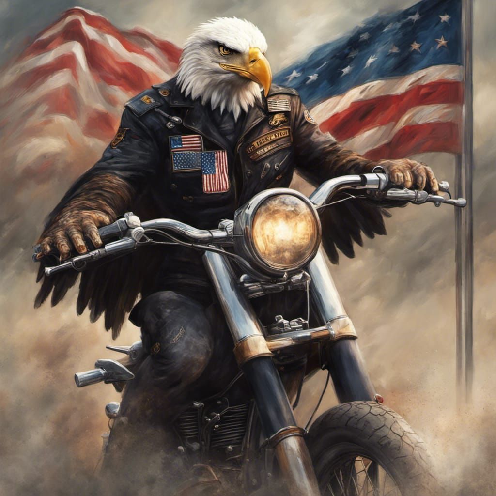 A Beautiful Grand Bald Eagle In Biker Clothes  Riding A Moto...