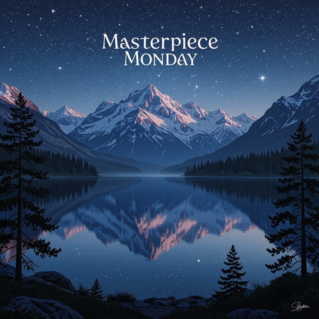 A serene 'Masterpiece Monday' landscape featuring a tranquil mountain lake reflecting a star-filled night sky. The surrounding peaks are dus...