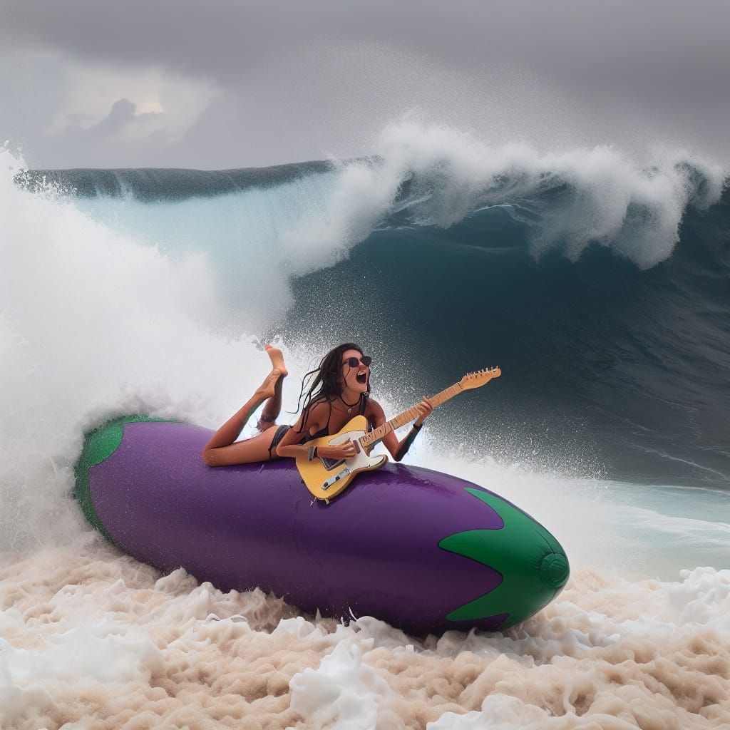 Olivia Rodrigo on an inflatable aubergine pool toy is on her...