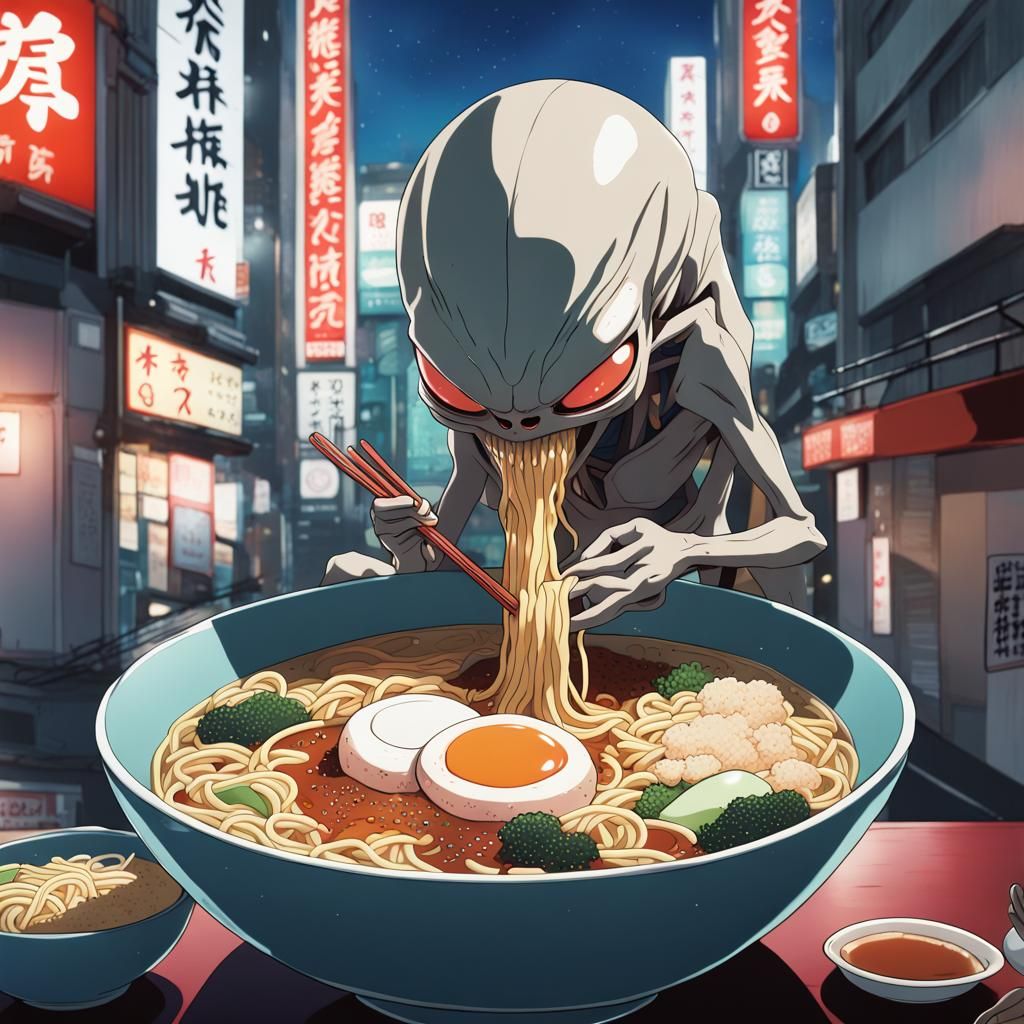 An alien is Eating a Bowl of ramen