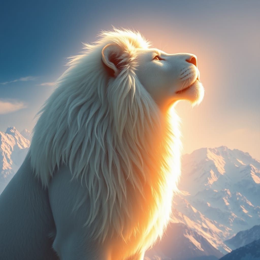 White Lion Silhouette with Mountain Landscape