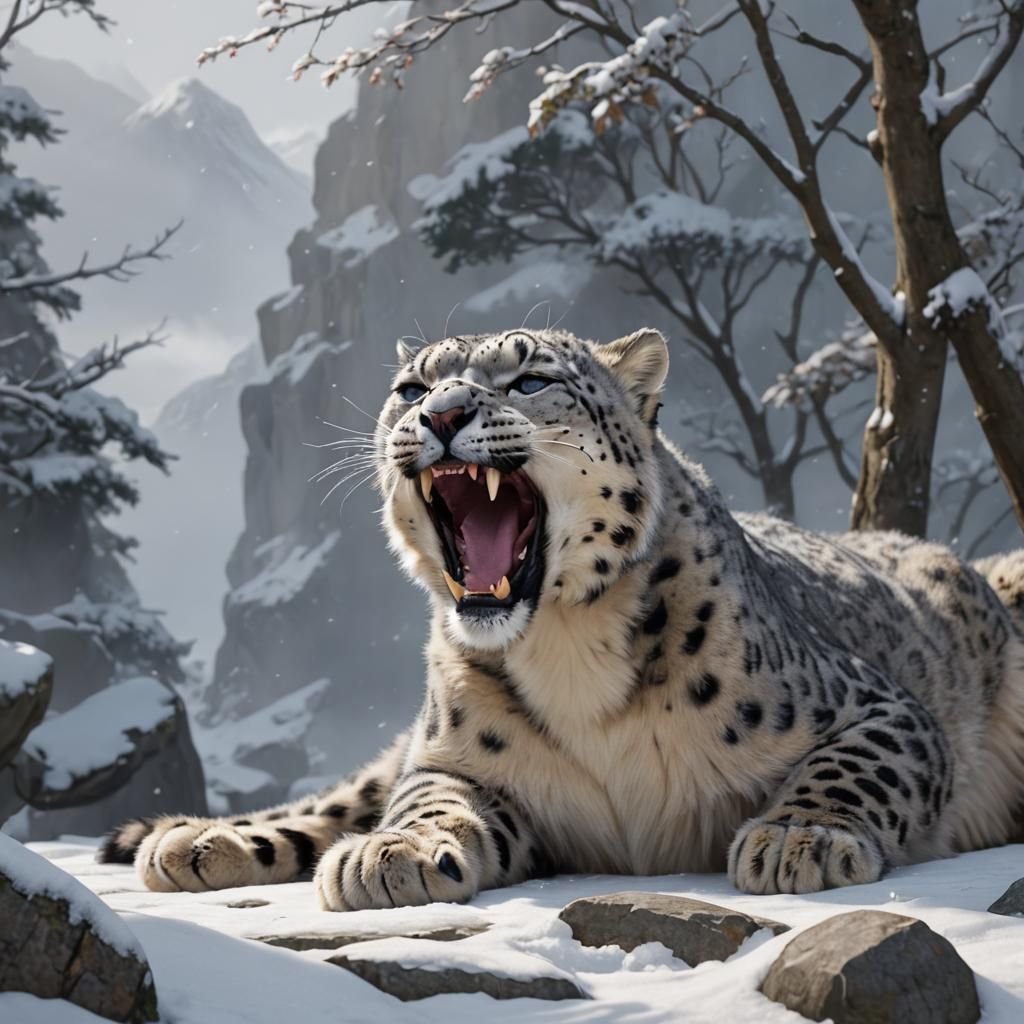 Snow leopard yawning