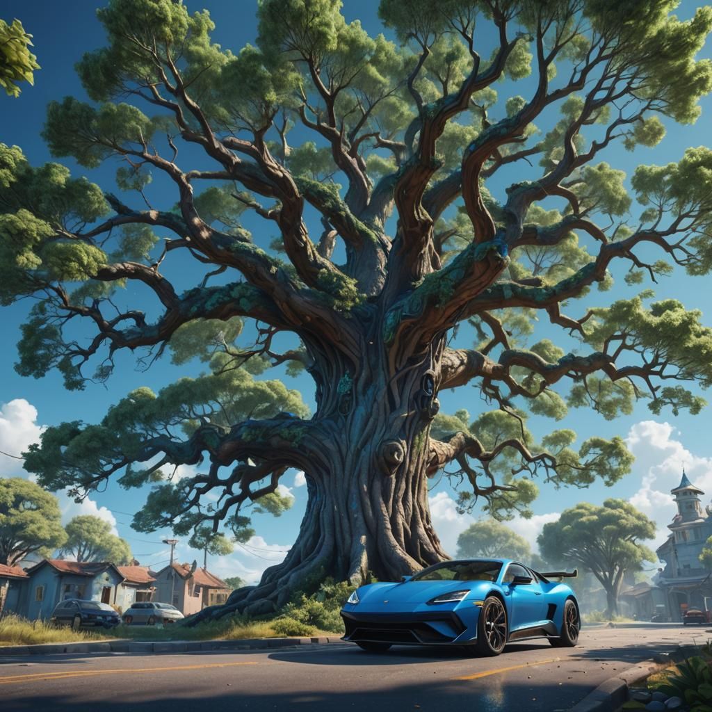 Blue car with blue sky and one big tree
