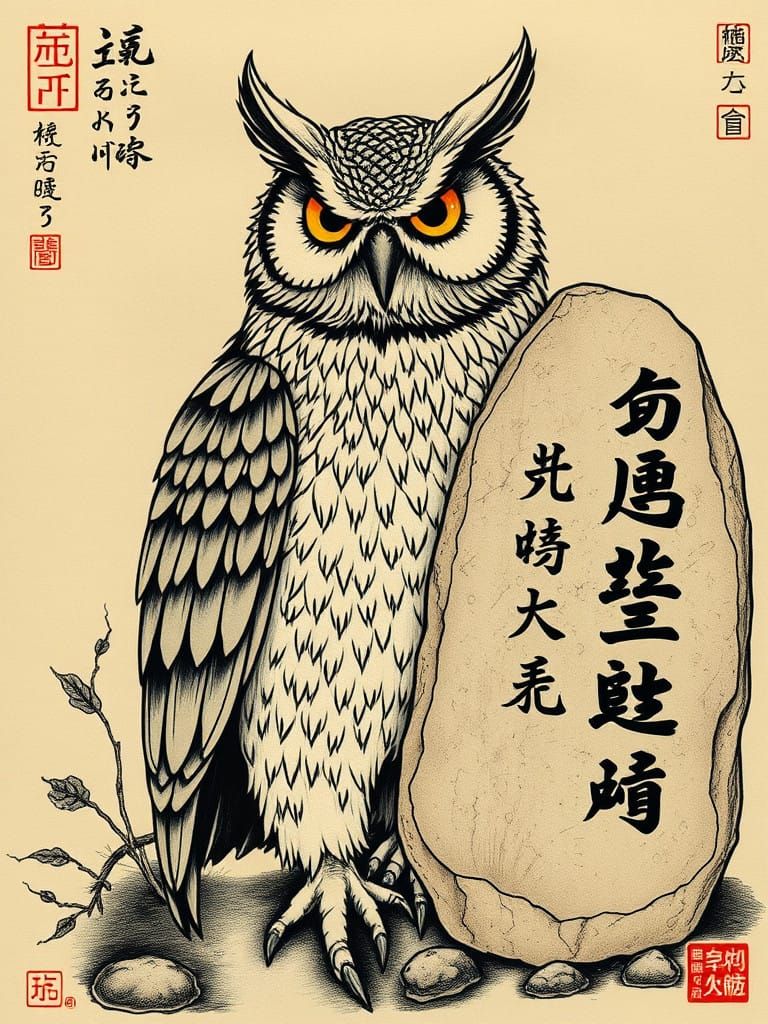 Surreal Owl Studies Rune-Engraved Stone in Traditional Japan...