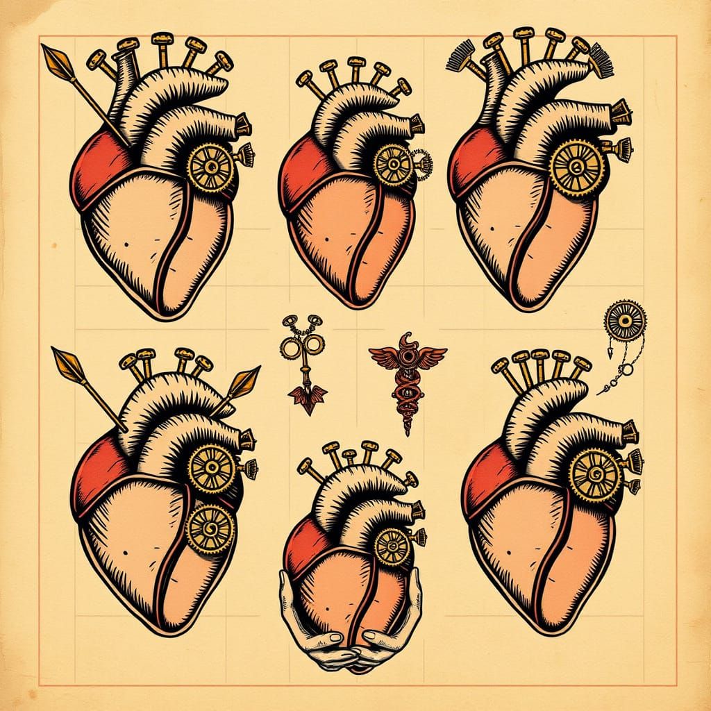 Steampunk Anatomical Heart Tattoo Flash Sheet