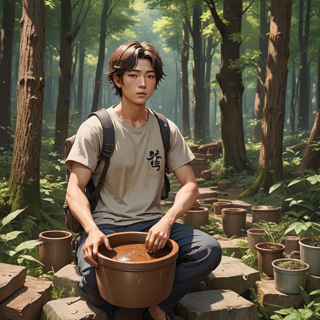 masterpiece, distinct, highres, one huge brown korean cerami...