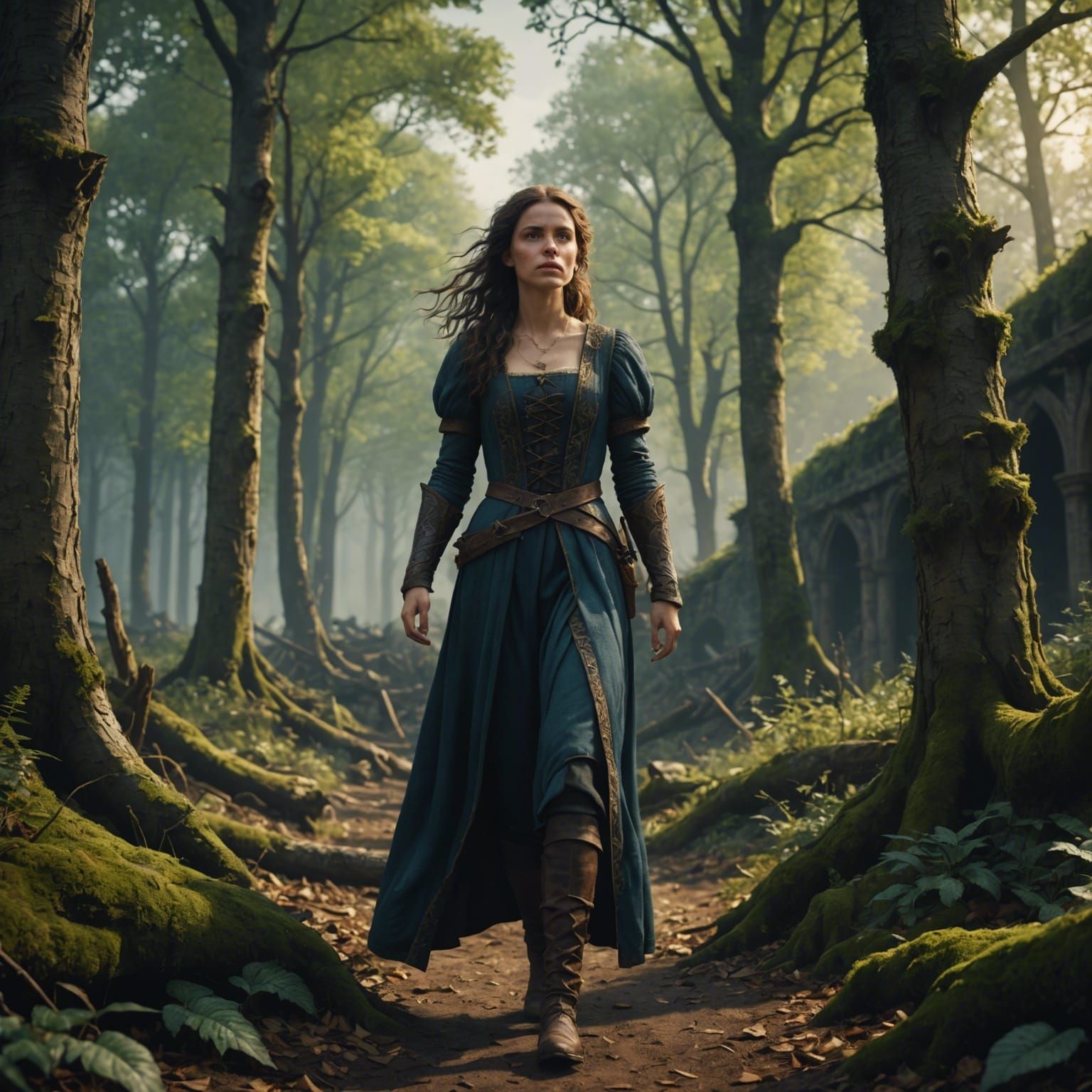 Middle ages, a young woman walking out of forest, while beau...