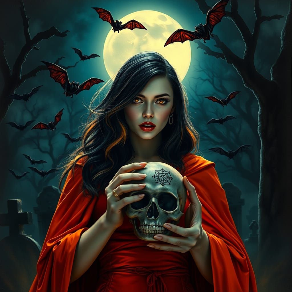 vampire woman under a full moon, with bats flying in the bac...