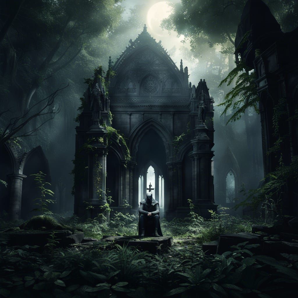 Gothic Knight Amid Cathedral Ruins in Moonlight
